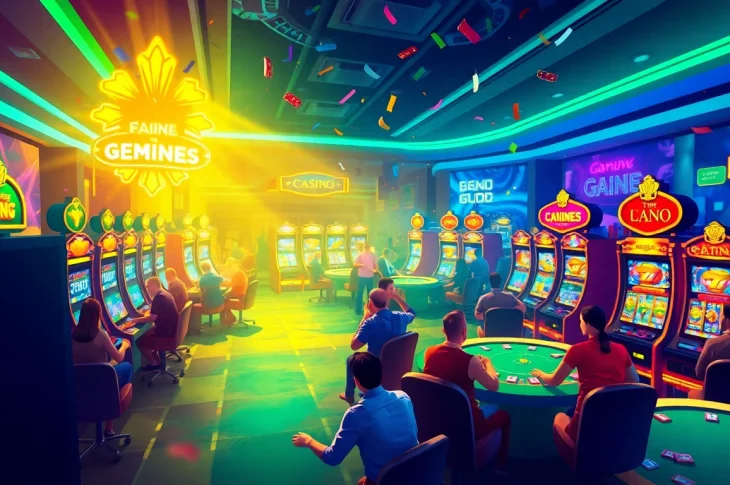 Play and win exciting games at genie168, featuring vibrant slots and poker tables in a lively casino scene.