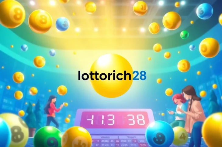 Illustrate the lottorich28 brand with vibrant lottery balls celebrating online lottery excitement.