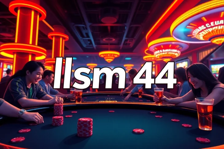 Players enjoying a lively game of poker featuring the lsm44 logo under vibrant casino lights.