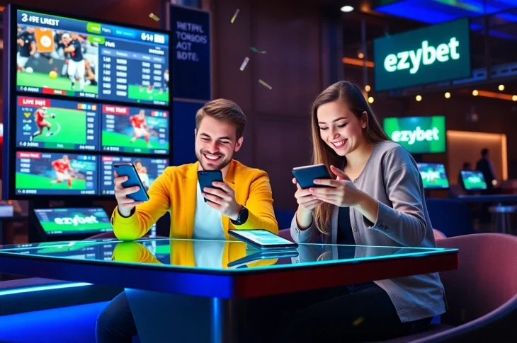 Experience the excitement of ezybet's online sports betting with dynamic visuals of users engaged in thrilling live wagering.