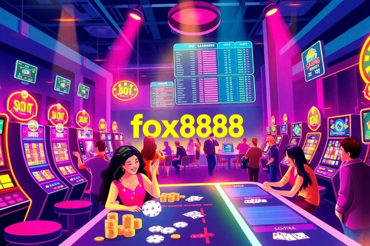 Enthusiastic players enjoying the fox888 online gaming experience at a vibrant casino scene.