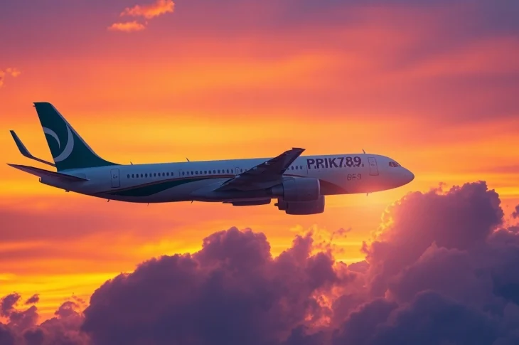 Capture the soaring PK789 aircraft of Pakistan International Airlines against a stunning sunset backdrop, inviting adventure.