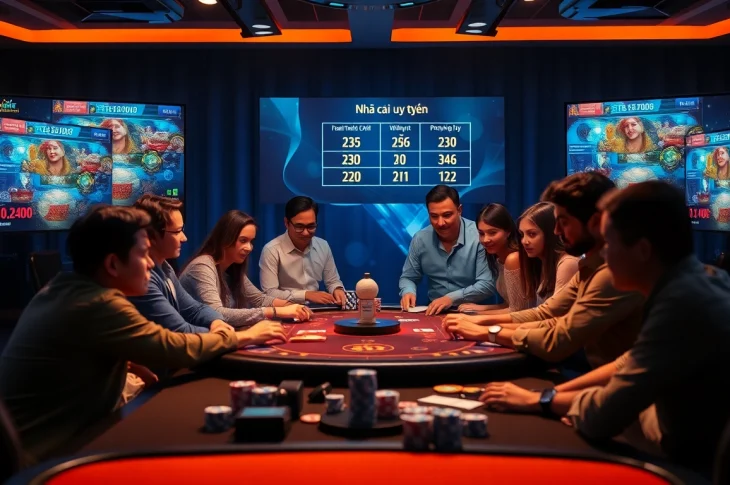 Join a diverse group of players enjoying a safe and exciting "Nhà cái uy tín" gaming experience, showcasing vibrant lighting and luxury ambiance.