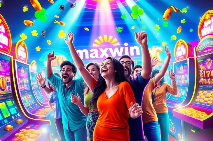 Players celebrating a massive win on the slot maxwin machine with vibrant colors and excitement.