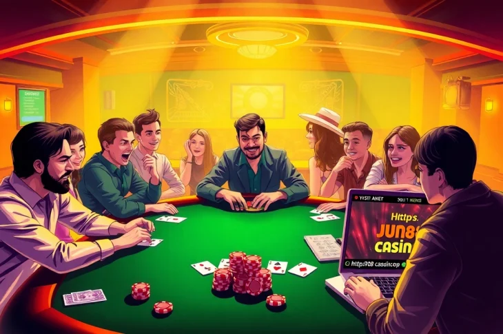 Players enjoying online poker at https://jun88casino.top/ with vibrant casino atmosphere and excitement.