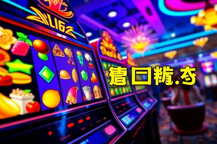 Exciting ทดลองเล่นสล็อต experience with a colorful slot machine in a lively casino setting.