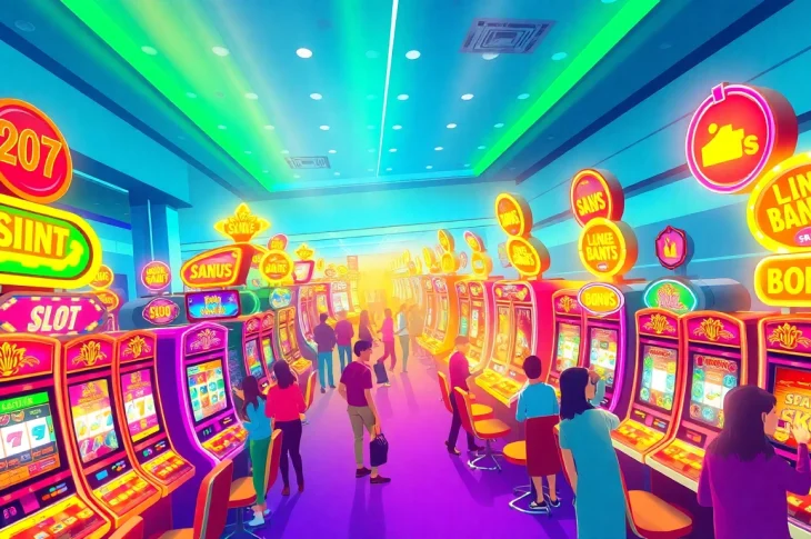 Experience the thrill ofสล็อตออนไลน์ with vibrant slot machines in a modern casino setting.