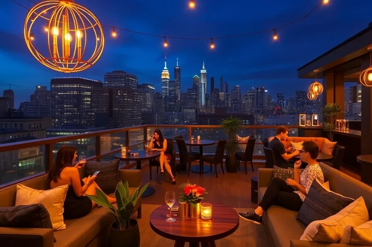 NoHu rooftop bar featuring NYC skyline views with guests enjoying cocktails and dining.