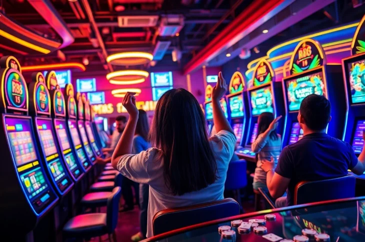 Excited players engaging in RR88 sports betting amid vibrant casino lights.