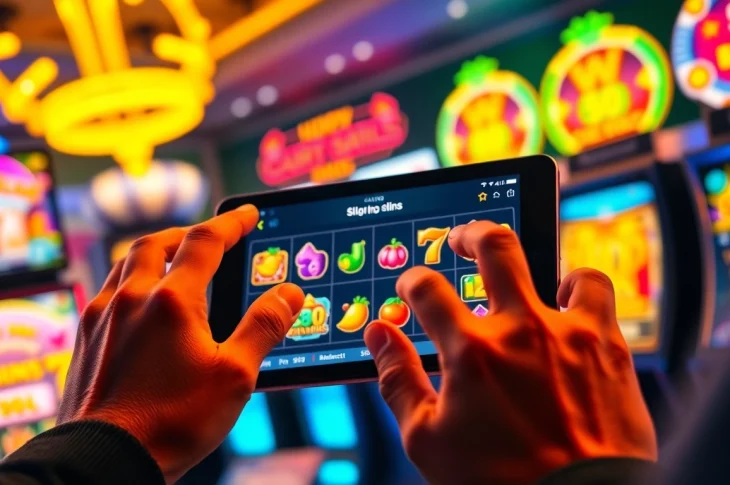 Enjoy ทดลองเล่นสล็อต on a vibrant touchscreen showcasing colorful online slot games, evoking excitement.