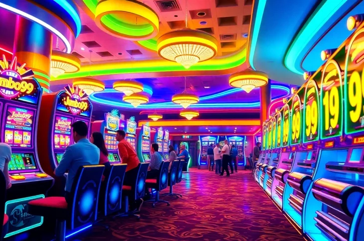 "Celebrate big wins at jumbo99 casino with vibrant neon lights and engaging game scenes."