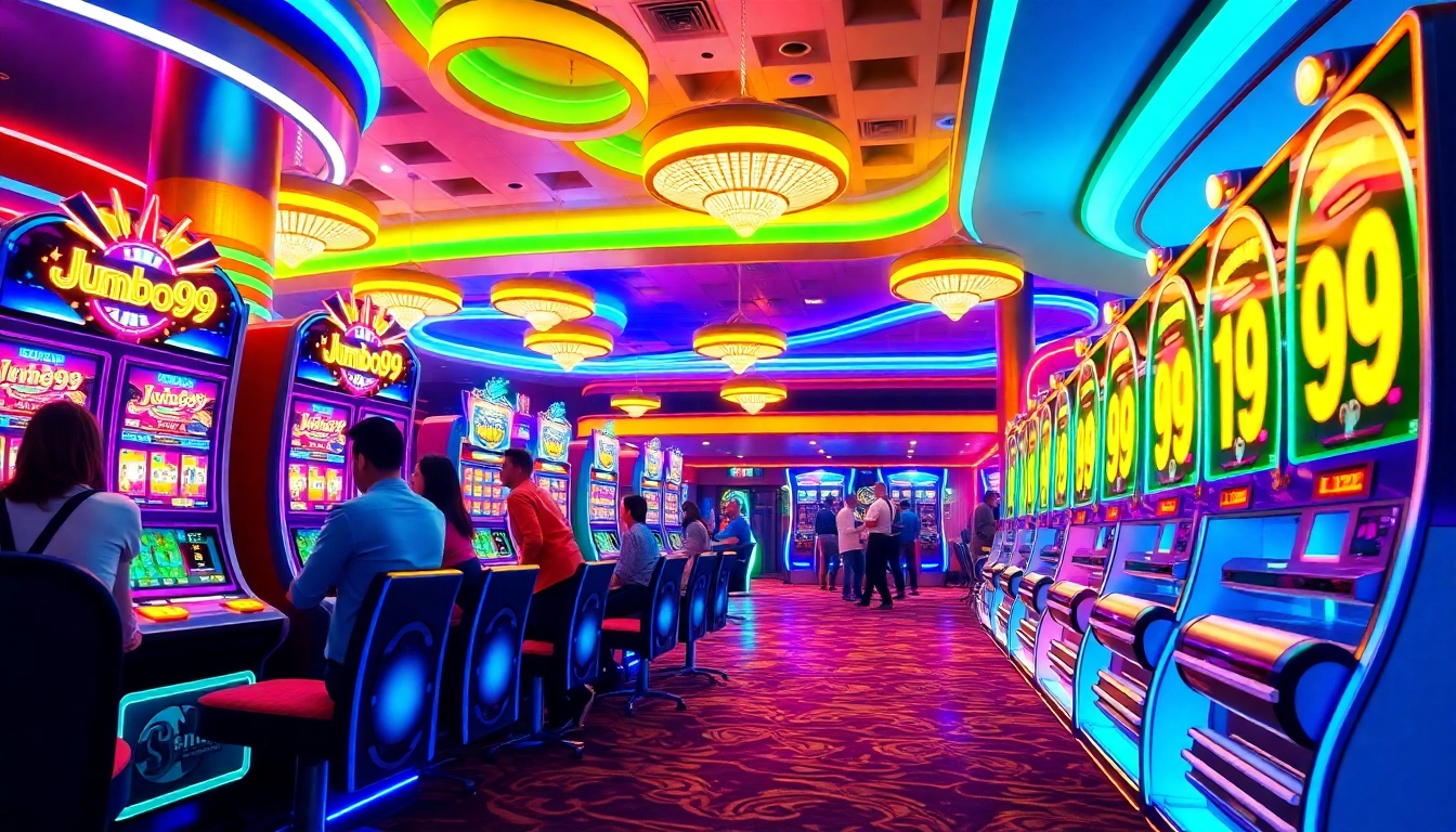 "Celebrate big wins at jumbo99 casino with vibrant neon lights and engaging game scenes."