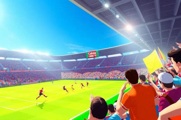 Exciting live soccer action on Cakhia TV, capturing passionate fans and dynamic gameplay.