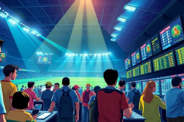 Enthusiastically engaging in sports betting at https://789wint2.com/, showcasing diverse individuals and vibrant scenes.