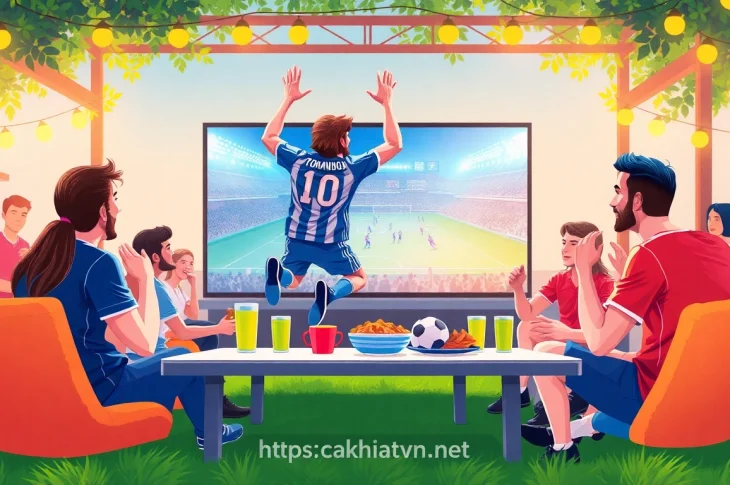 Excited fan enjoying live football viewing party at https://cakhiatvn.net with friends and snacks.