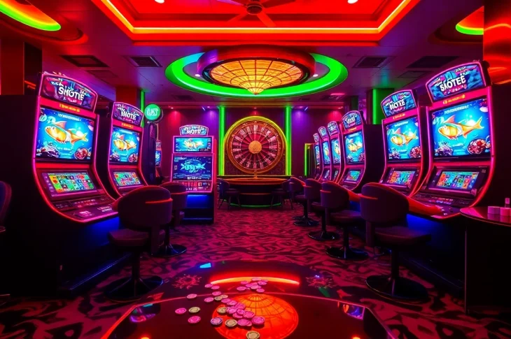 Bắn cá đổi thưởng in an exciting casino arcade with players shooting animated fish for big wins.
