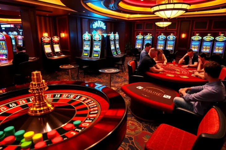 Experience the mega game excitement at a casino blackjack table with eager players and vibrant roulette wheel.