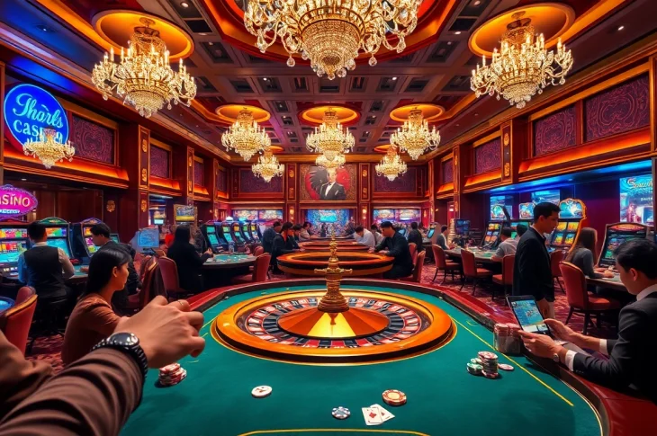 Experience the excitement of the singapore casino with players at poker tables and dazzling slot machines.