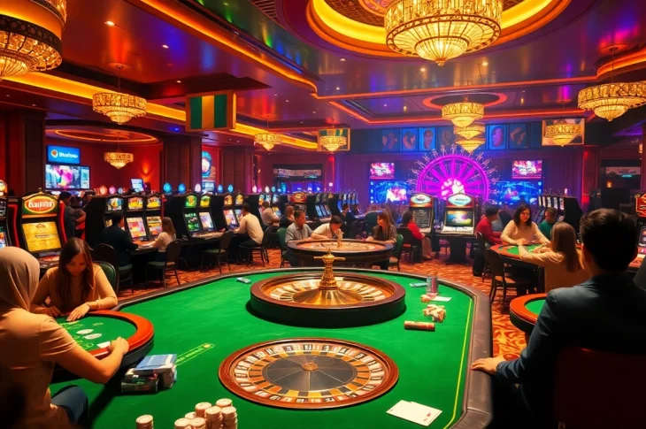 Experience the thrilling ambiance of bet88, featuring active casino tables, exciting slot machines, and vibrant poker chips.