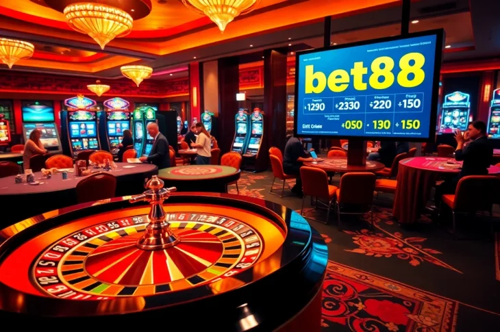 Experience the thrill as players bet 88 at a vibrant casino table surrounded by colorful chips and cards.