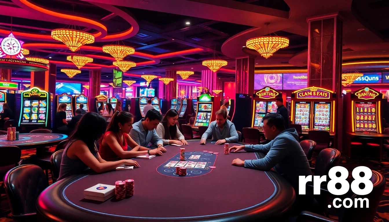 Experience the thrill of the rr88 com casino with players at the poker table, vibrant chips, and glowing slot machines.