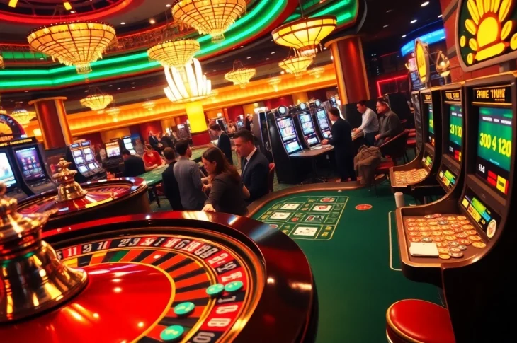 Experience the excitement of casino gaming with keonhacai betting, featuring roulette, poker, and vibrant slot machines amidst casino action.