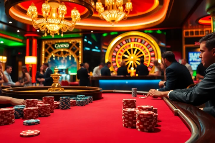 Exciting poker action at https://f168.news/, featuring a vibrant casino atmosphere with players and colorful poker chips.