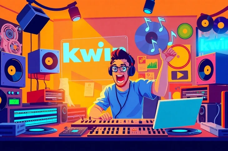 Capture the live energy of Kwin, showcasing a DJ in a vibrant studio filled with music and excitement.