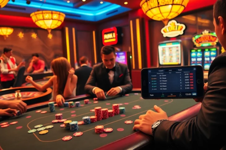 Players enjoying intense poker action at a table, featuring "bong da lu fun" betting stakes, colorful chips, and slot machines in the background.