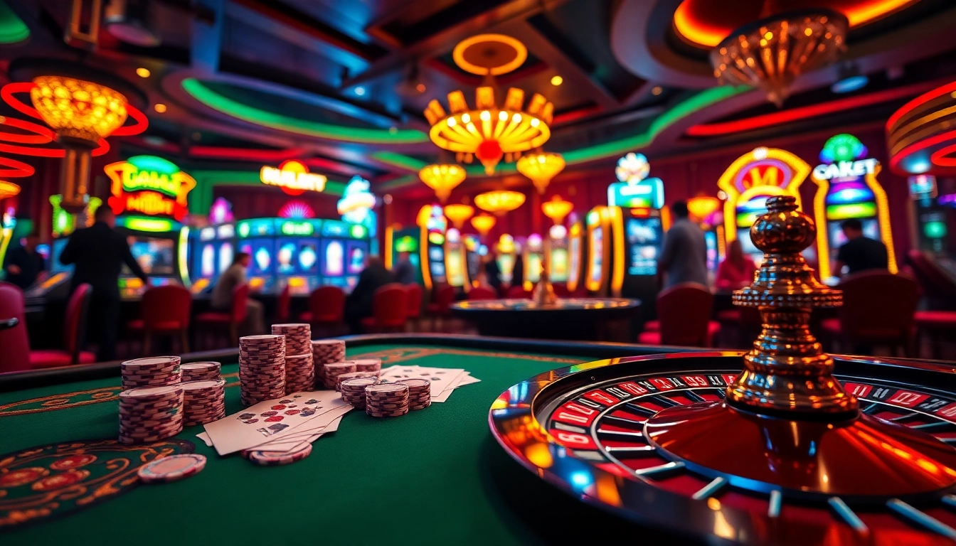 Kubet players enjoying an exciting online casino experience at vibrant tables filled with poker chips and slot machines.