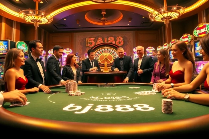 Experience the thrill of blackjack at bj888's vibrant casino table with players engaged in high-stakes action surrounded by dazzling lights.