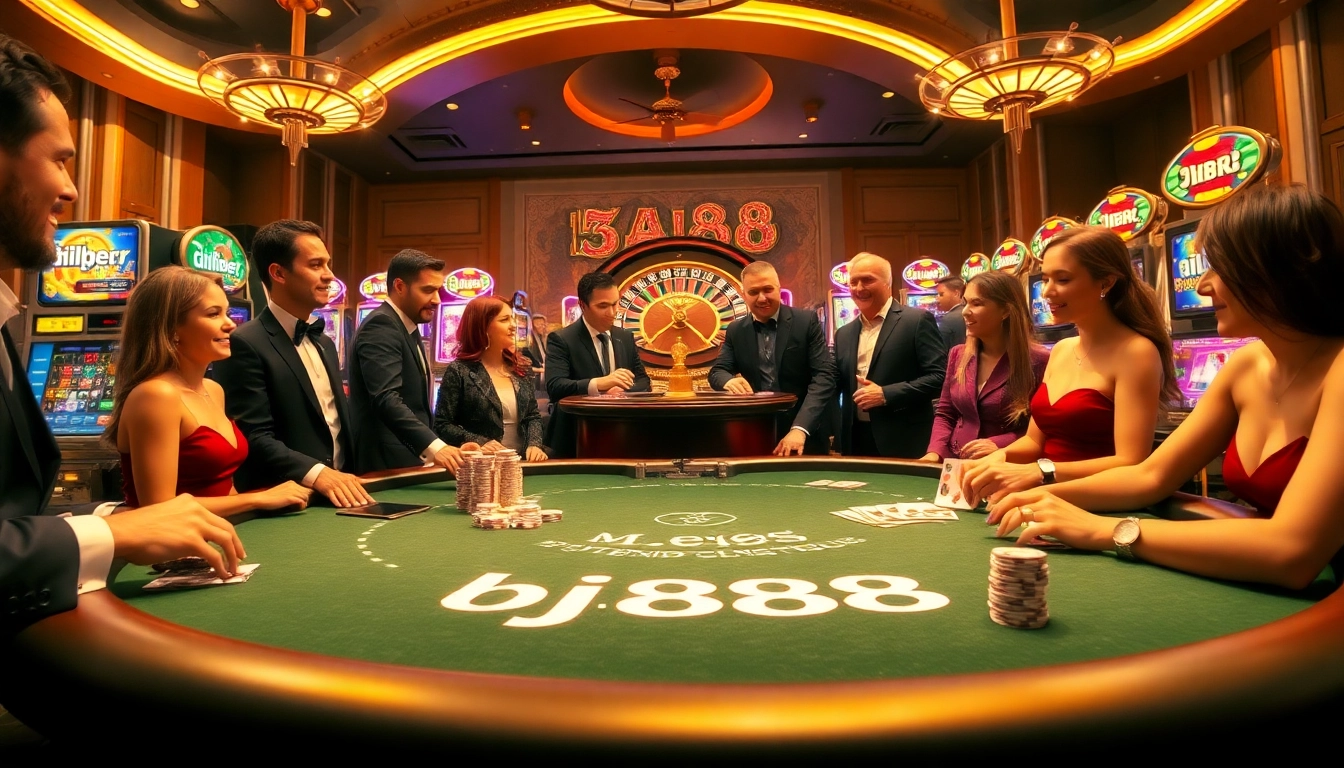 Experience the thrill of blackjack at bj888's vibrant casino table with players engaged in high-stakes action surrounded by dazzling lights.