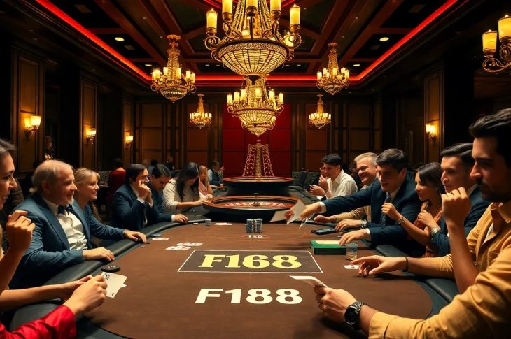 F168 poker table bustling with players, showcasing excitement in a vibrant casino atmosphere.