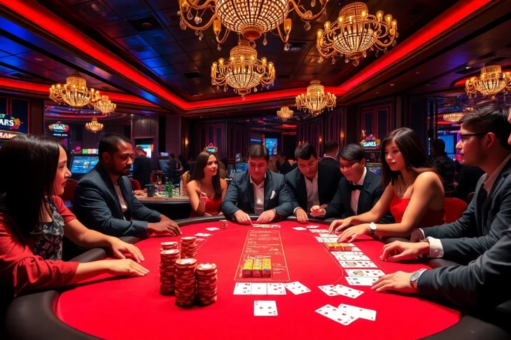 Players at a high-stakes poker game engaging with the vibrant atmosphere at https://98winning.com/ casino with sparkling lights.