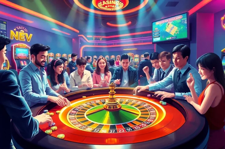 Gà Vàng TV displays thrilling casino action with players at a roulette table and live betting excitement.