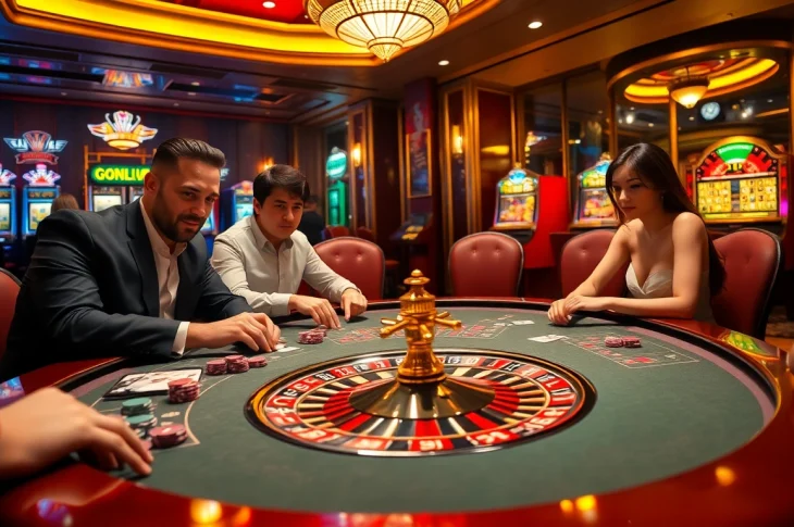 Experience thrilling gameplay with 68gamebai.download/ in an upscale casino environment featuring poker chips and roulette table.
