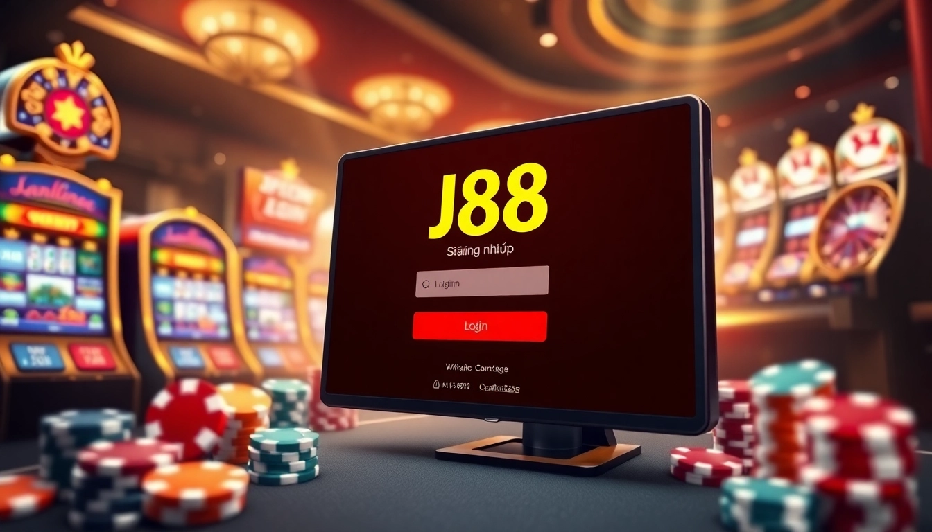 Login screen for J88 đăng nhập with vibrant slots and roulette, inviting players to gamble online.