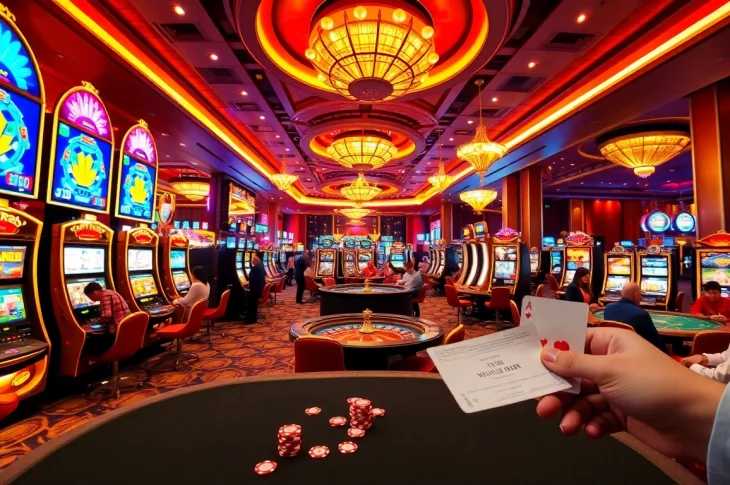 Exciting casino scene showcasing the Top nhà cái with players enjoying poker and vibrant slot machines.