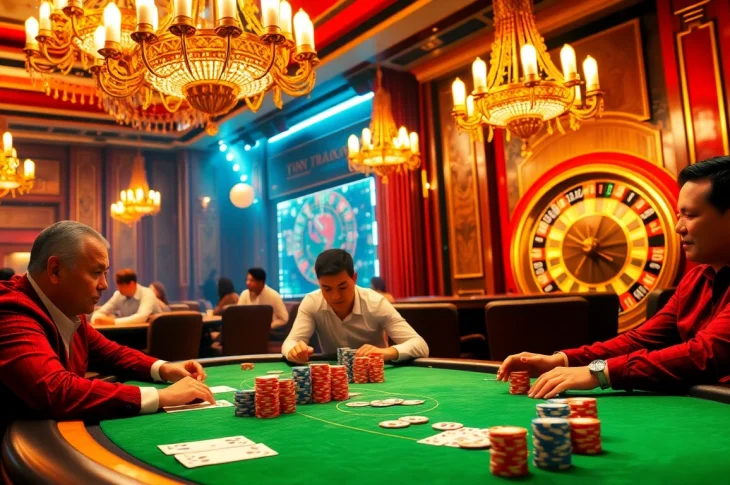 Enjoy exciting gameplay with bong da lu fun at a vibrant poker table, showcasing vivid chips and intense strategy.