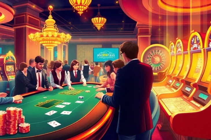 Exciting casino scene with players at tables, showcasing gambling experience linked with https://abc88taxi.com.