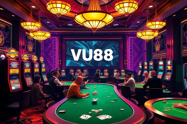 Players enjoying diverse games at VU88 casino, featuring poker tables, slot machines, and betting excitement.