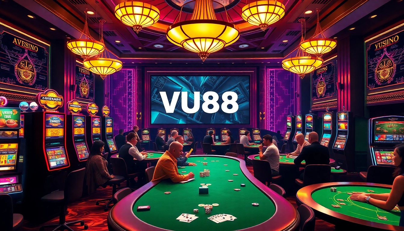 Players enjoying diverse games at VU88 casino, featuring poker tables, slot machines, and betting excitement.