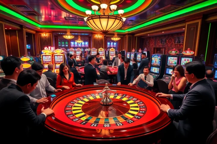 Players analyze soi kèo nhà cái while betting at a vibrant casino roulette table, surrounded by slot machines.