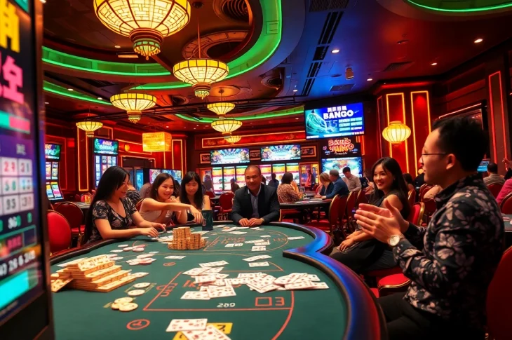 Experience the thrill of live bingo at a casino where players engage in bong da lu fun, celebrating wins at colorful tables.