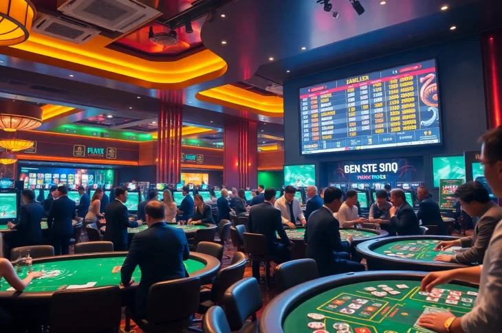 Experience the thrill of bóng đá trực tiếp tối nay at a bustling casino with live betting on games.