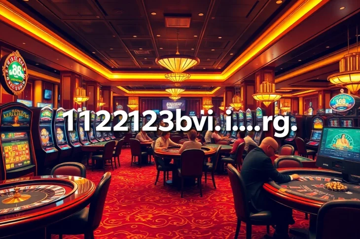 The enticing atmosphere at 123bvi.org, featuring players at casino tables filled with poker chips, illuminated slot machines, and vibrant roulette wheels, capturing the thrill of betting.