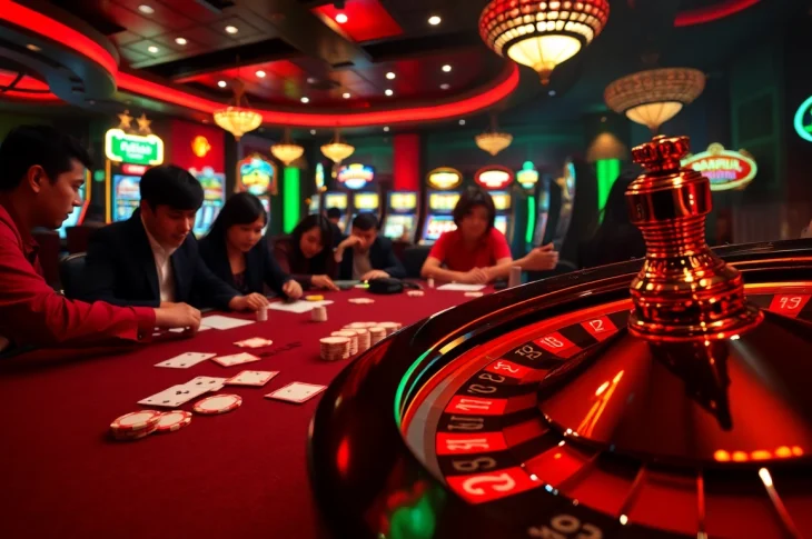 A thrilling poker scene at a casino highlighting Top nhà cái action with players and vibrant slot machines.