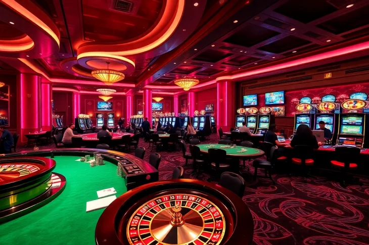 Exciting casino scene showcasing players at poker tables and roulette, highlighting link f168 for thrilling betting experiences.