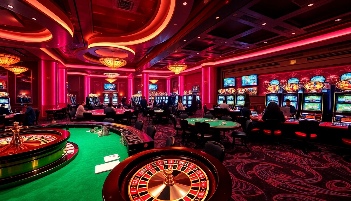 Exciting casino scene showcasing players at poker tables and roulette, highlighting link f168 for thrilling betting experiences.