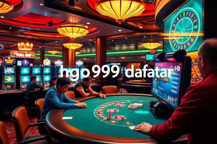 Thrilling hgo909 daftar experience at a vibrant casino poker table with excited players and winning chips.